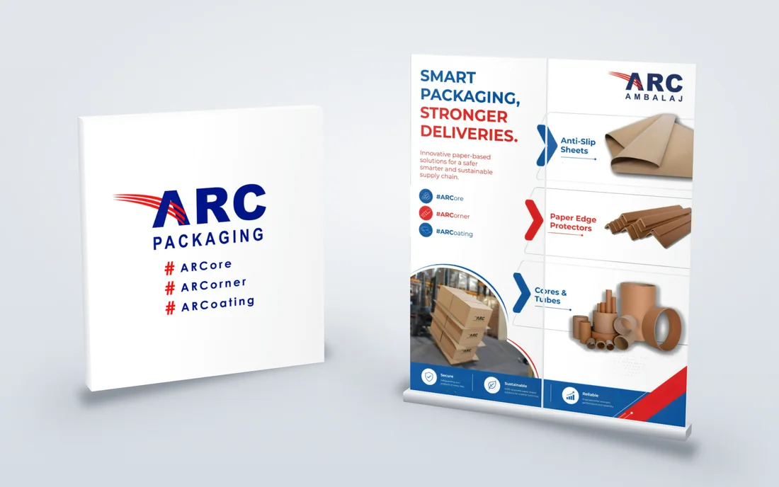 Mockup of the ARC Packaging entrance panel beside the two-panel US show display reading Smart packaging, stronger deliveries